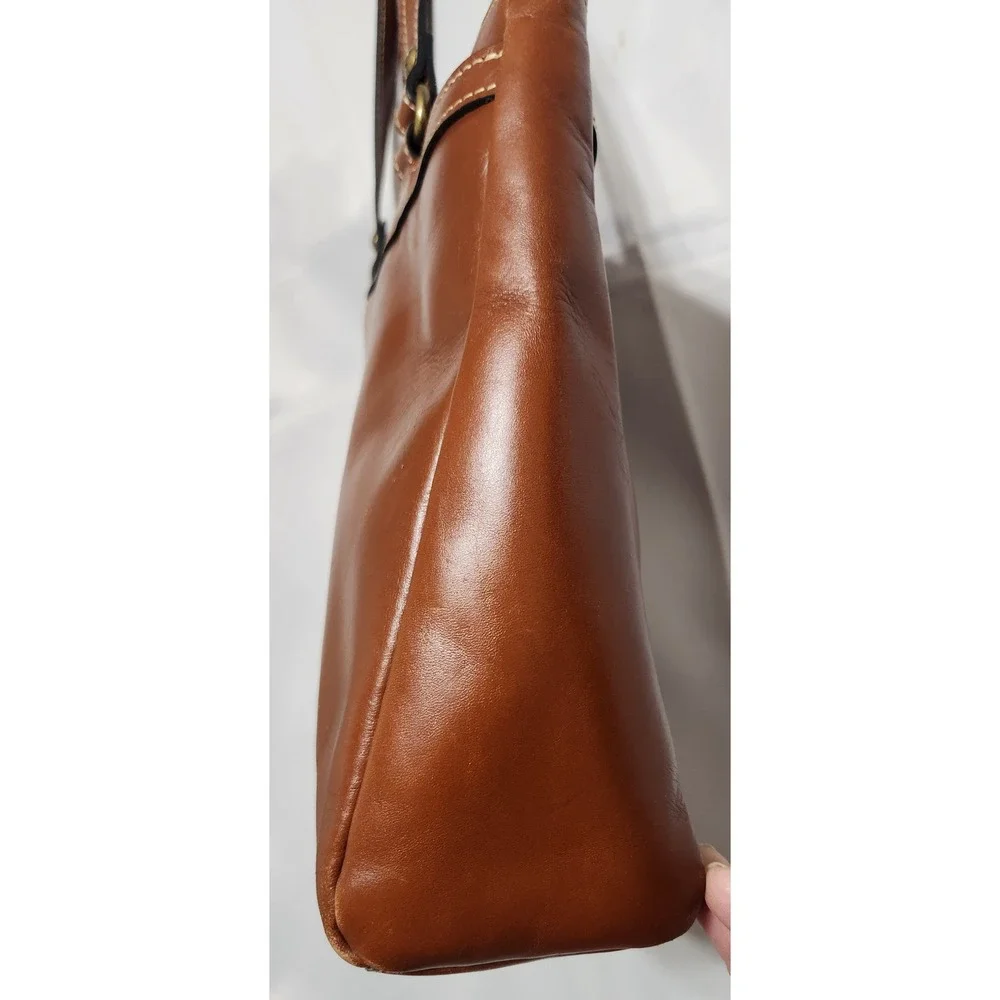 Patricia Nash Poppy Cognac Brown Leather Shoulder Bag Tote Contrast Stitching